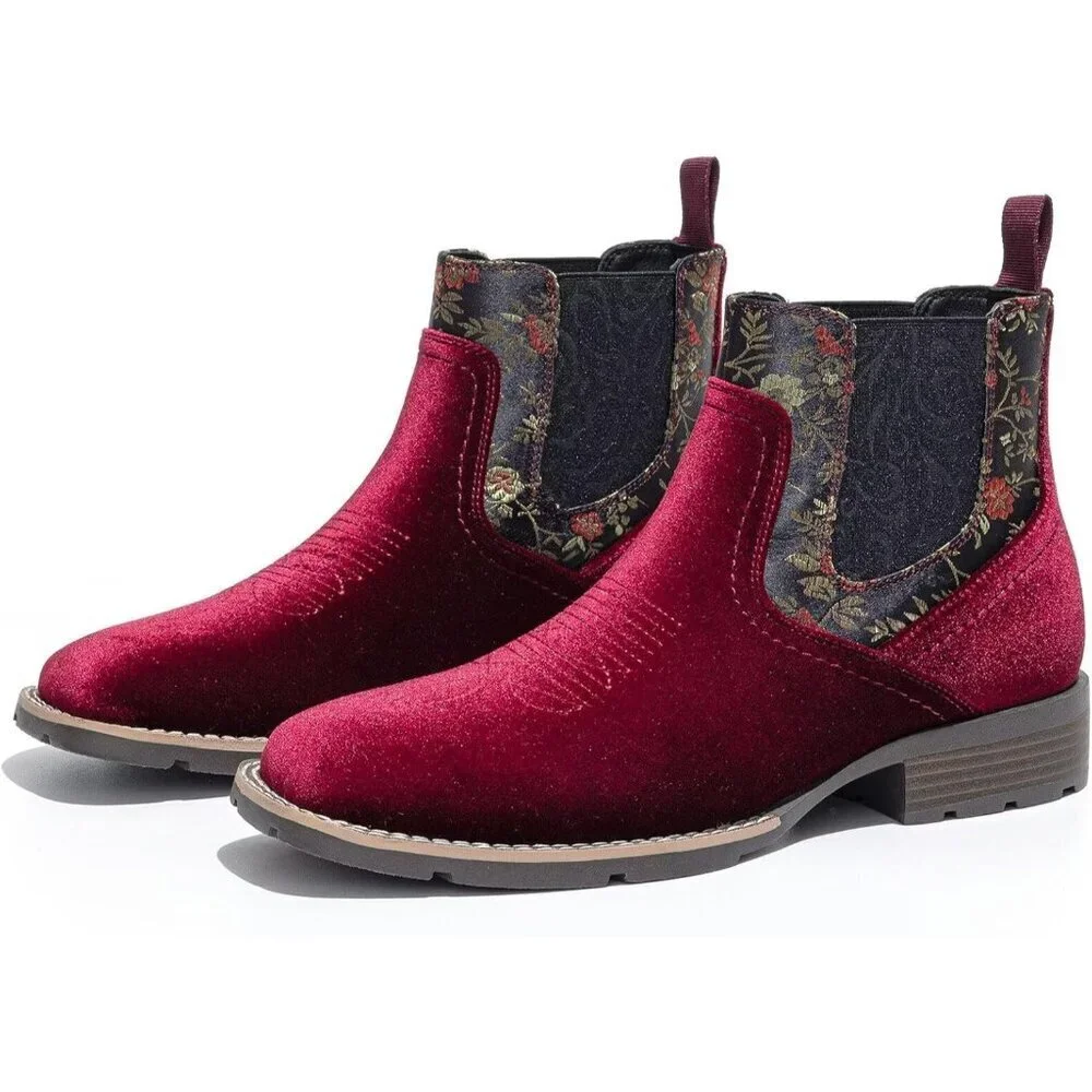 Men's Red Velvet Printed Chelsea Slip-on Dress Ankle Formal Casual Boots
